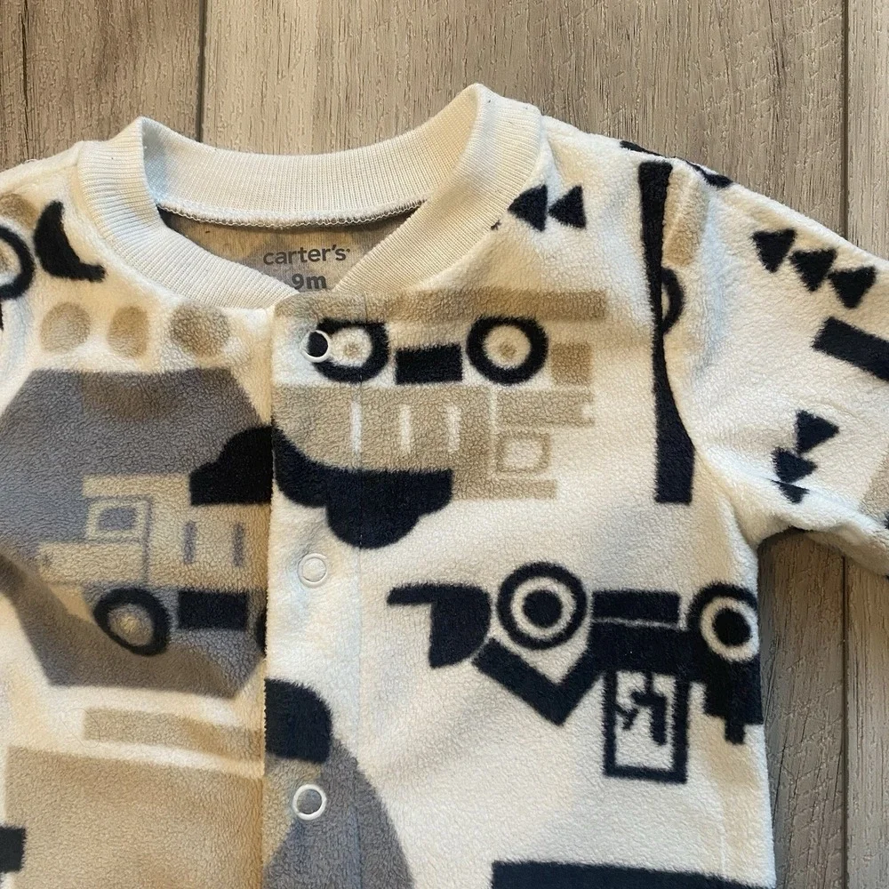 Carter's Boys Fleece Footed Pajamas 9 M Button-Up Construction Themed - Picture 2 of 8